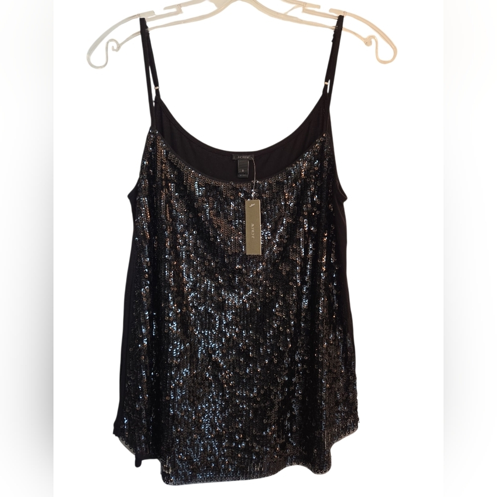 J CREW Sequin-Front Stretch Cami Tank Top, Black